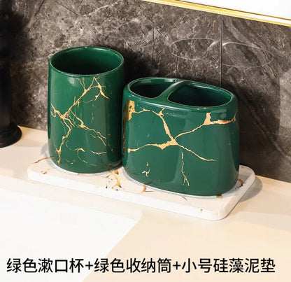 Ceramic Toiletries Bathroom Set Marble Porcelain Cup Toothbrush Holder / Soap Dispenser / Tray Bathroom Decoration Accessories